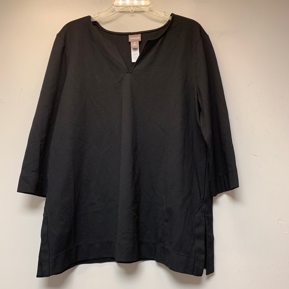 Chico's Tunic Top Womens 3 Black Excellent V-Neck 3/4 Sleeve Side Slits Stretch